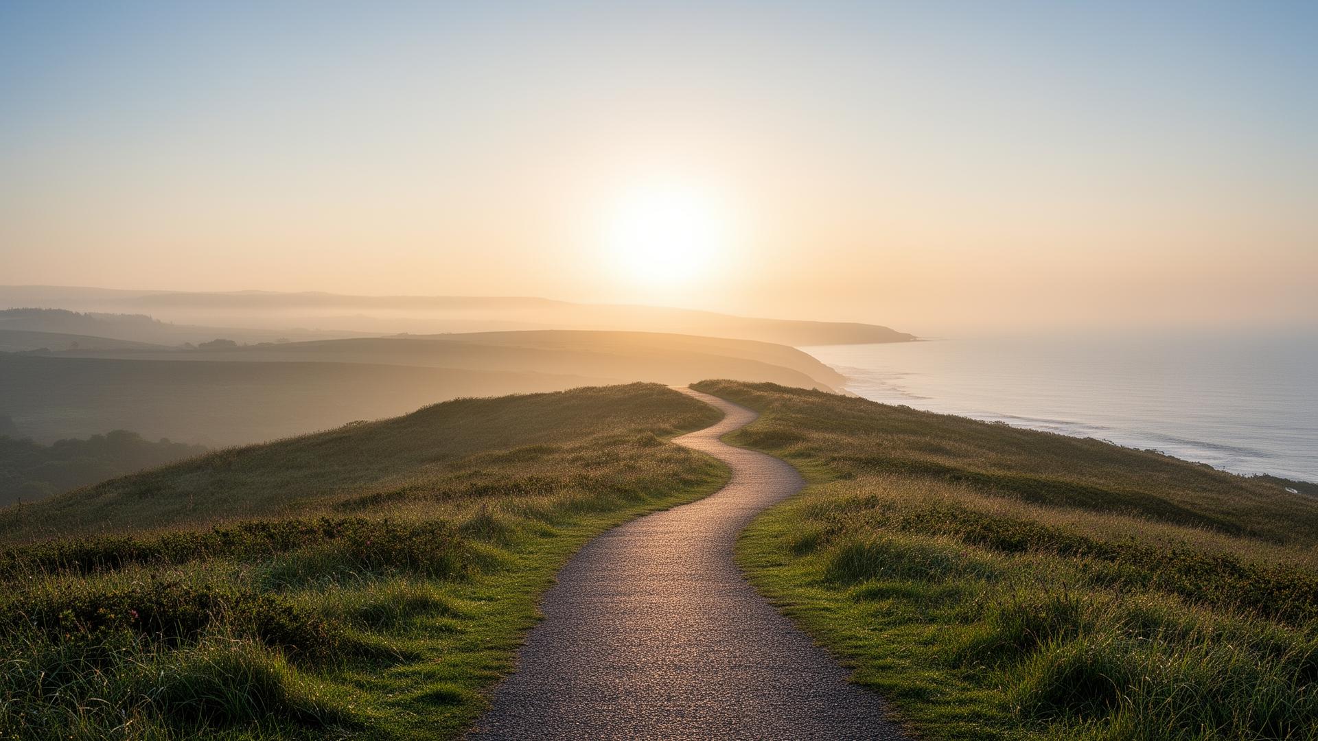Chemin sinueux menant vers l'horizon au lever du soleil sur une côte verdoyante - symbolisant la préparation sereine de la retraite